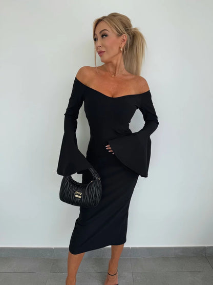 Robe midi off-shoulder pour femmes avec des manches en cloche Chic und Stil