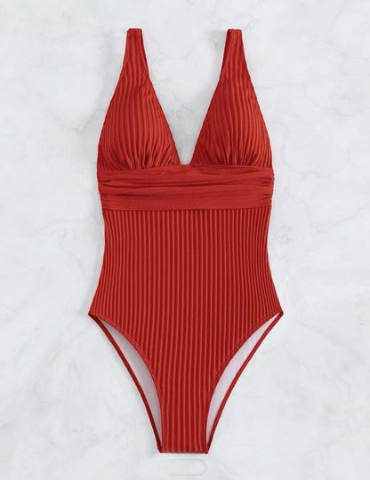 Maillot de bain une pièce pour femmes avec un design à côtes raffiné et un décolleté en V profond Chic und Stil