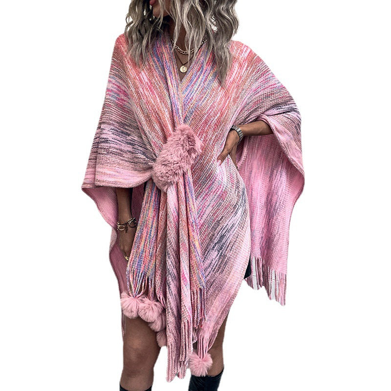 Ladies fashionable poncho with luxurious faux fur trim and creative fringes Chic and Style
