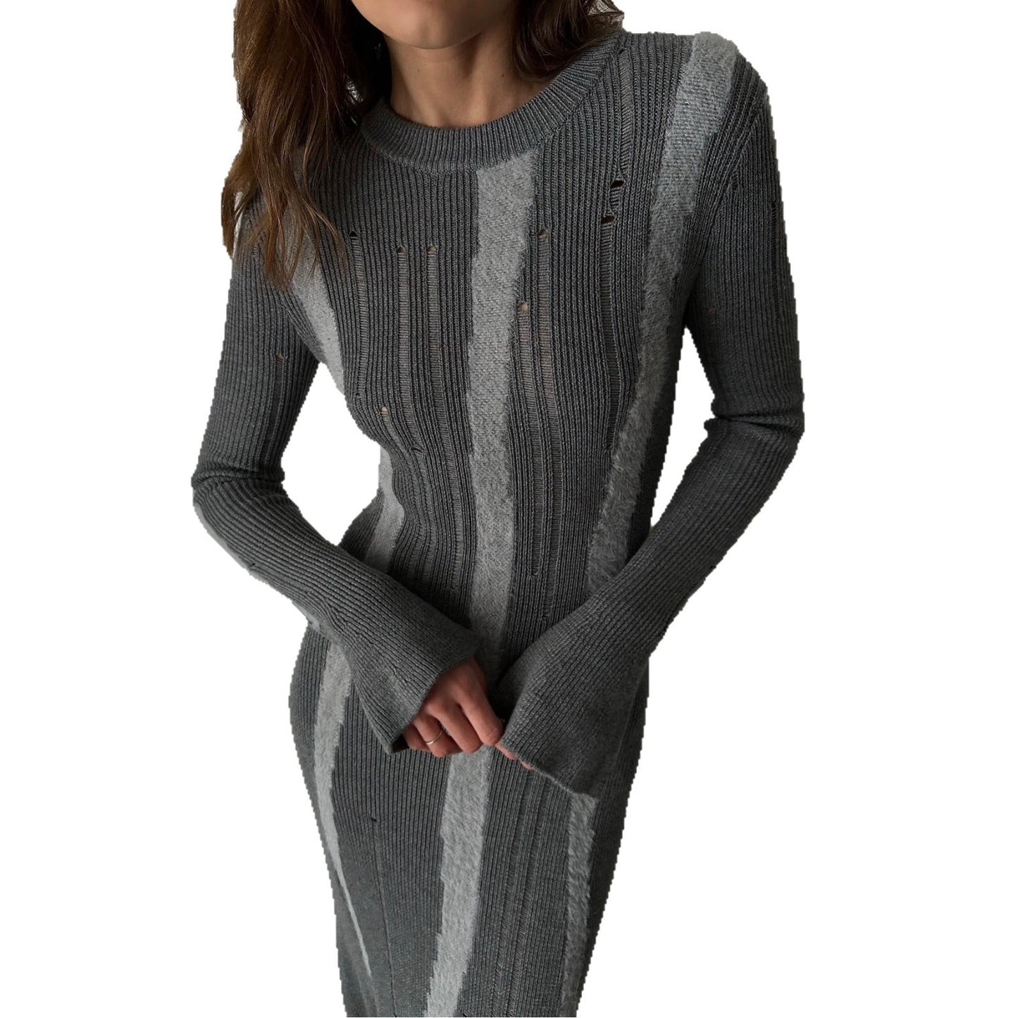 Dames Élégant robe midi en maille côtelée avec col montant et coupe ample Chic und Stil