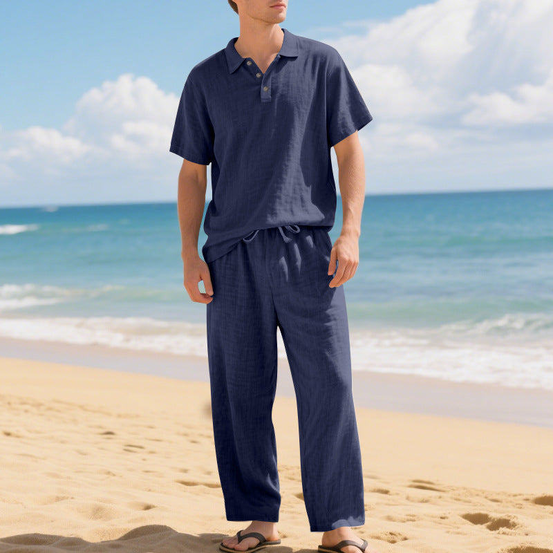 Tenue d'été décontractée pour hommes avec polo en coton de haute qualité à manches courtes et pantalons en lin confortables Chic und Stil