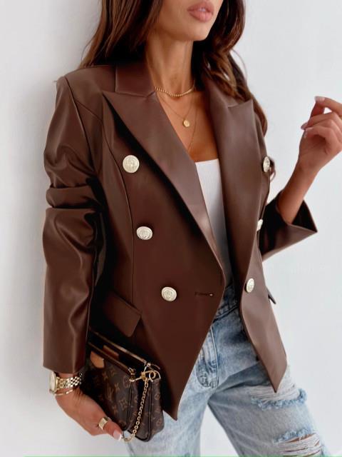 Blazer élégant en simili cuir pour femmes avec double rangée de boutons Chic und Stil