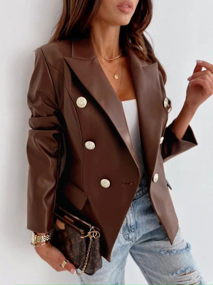 Blazer élégant en simili cuir pour femmes avec double rangée de boutons Chic und Stil