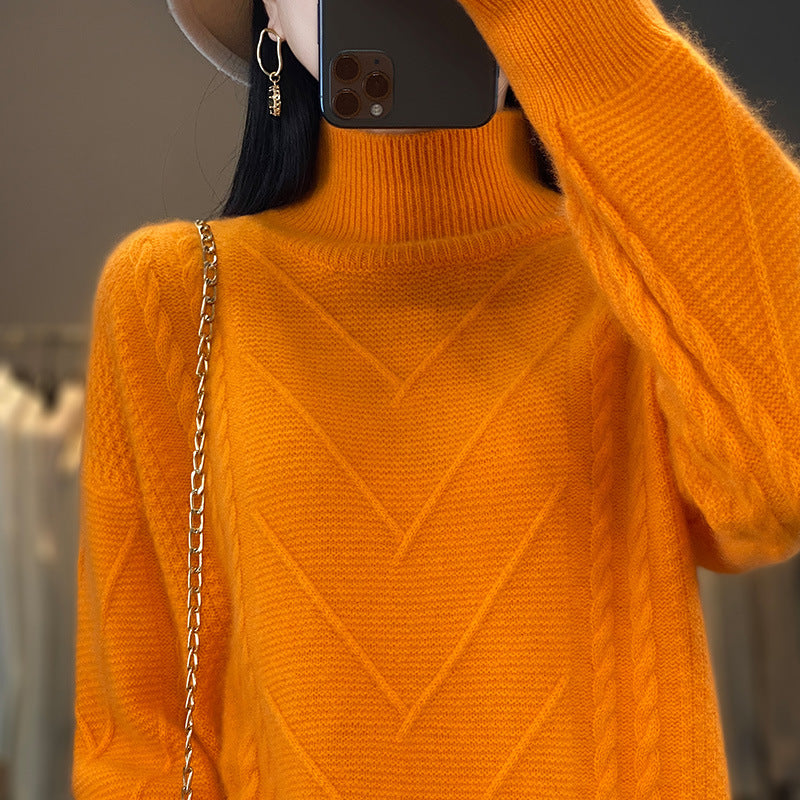 Dames pull en gros tricot avec motif de tresse innovant et col montant haut Chic und Stil