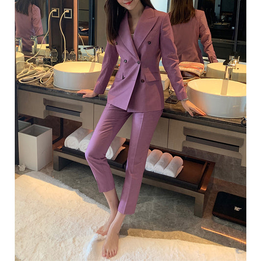 Chic and Stylish Women's Double-Breasted Fitted Blazer and Pants Set