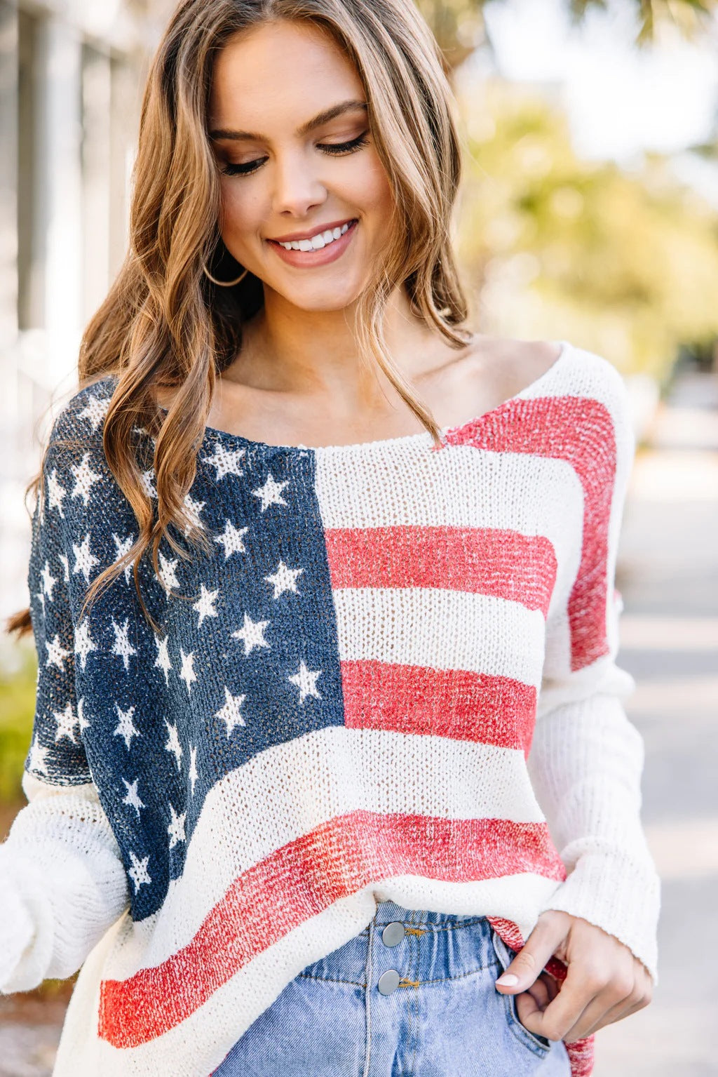 Pull en tricot pour femmes avec motif de drapeau patriotique Chic und Stil