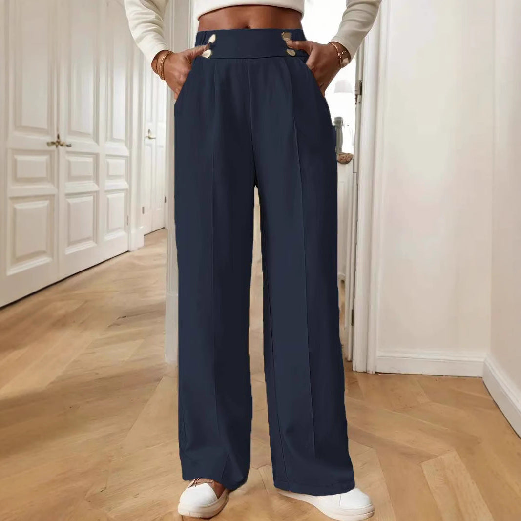 Ladies High-Waisted Wide Leg Pants with Chic and Stylish Button Details