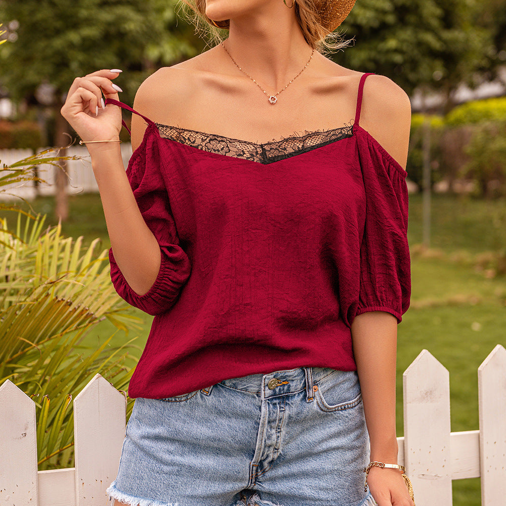Blouse épaules nues pour femmes avec dentelle et manches volantées Chic und Stil