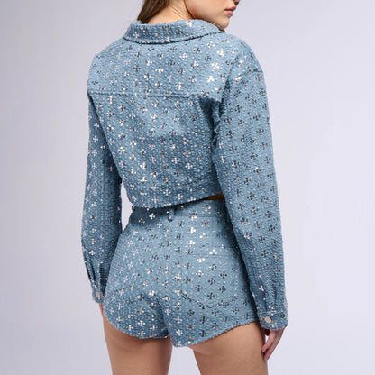 Cropped denim jacket for women with sparkling star pattern and matching shorts Chic and Style