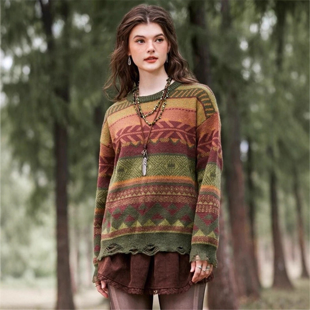 Pull à motifs pour femmes de style bohème avec ourlet frangé Chic und Stil