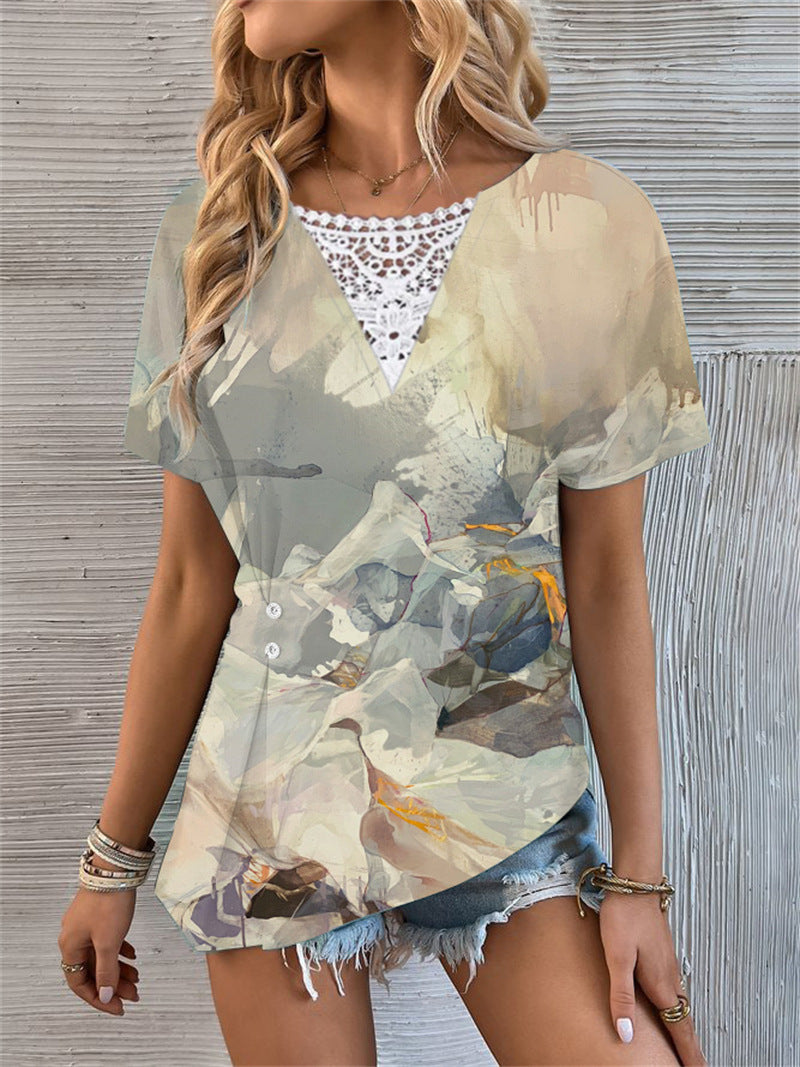 Blouse à manches courtes pour femmes avec décolleté en V et impression créative Chic und Stil