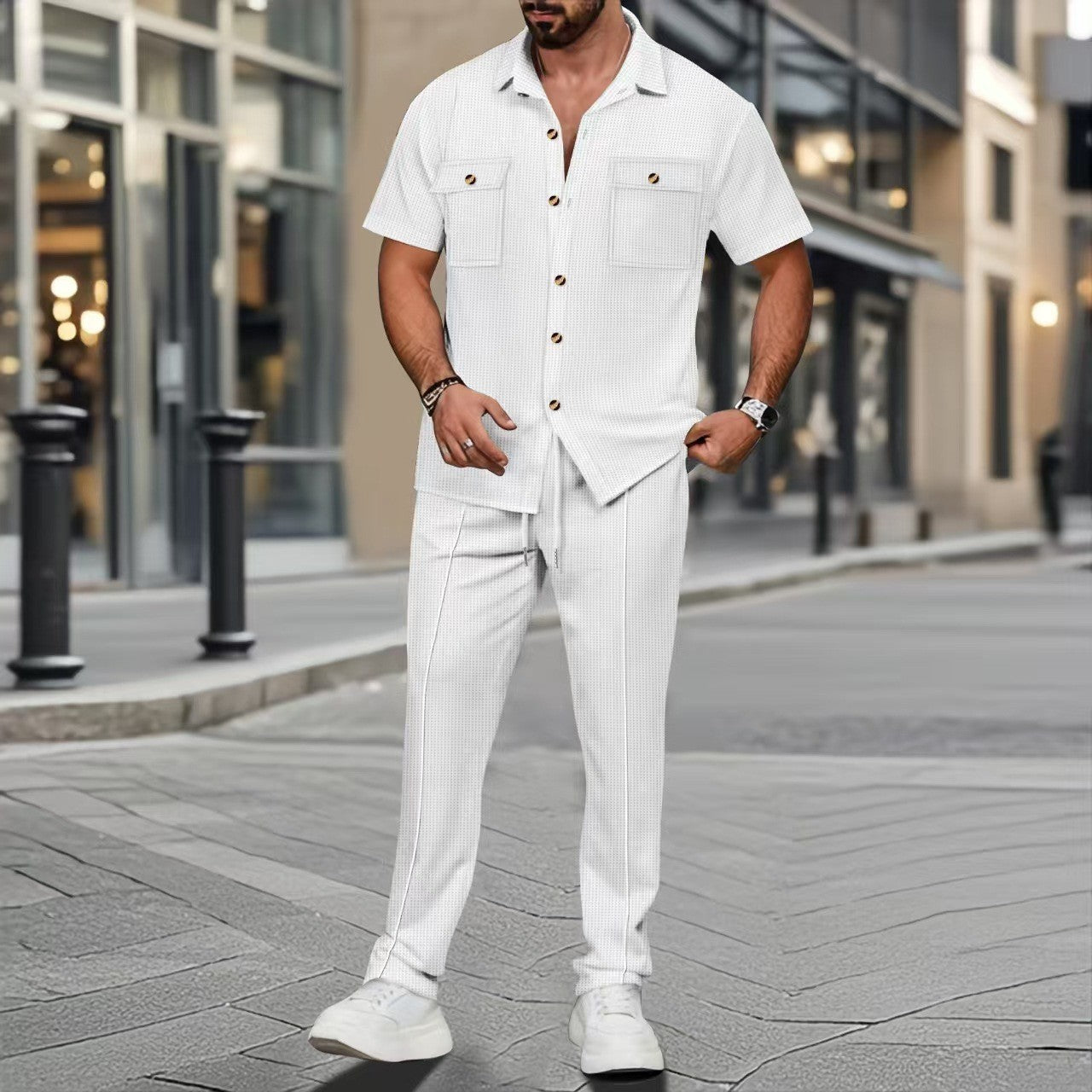 Costume de loisirs à la mode pour hommes avec motif à rayures et poches pratiques Chic und Stil