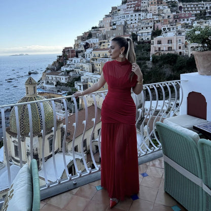 Robe maxi femme avec col montant tendance et élément de fronces raffiné Chic und Stil