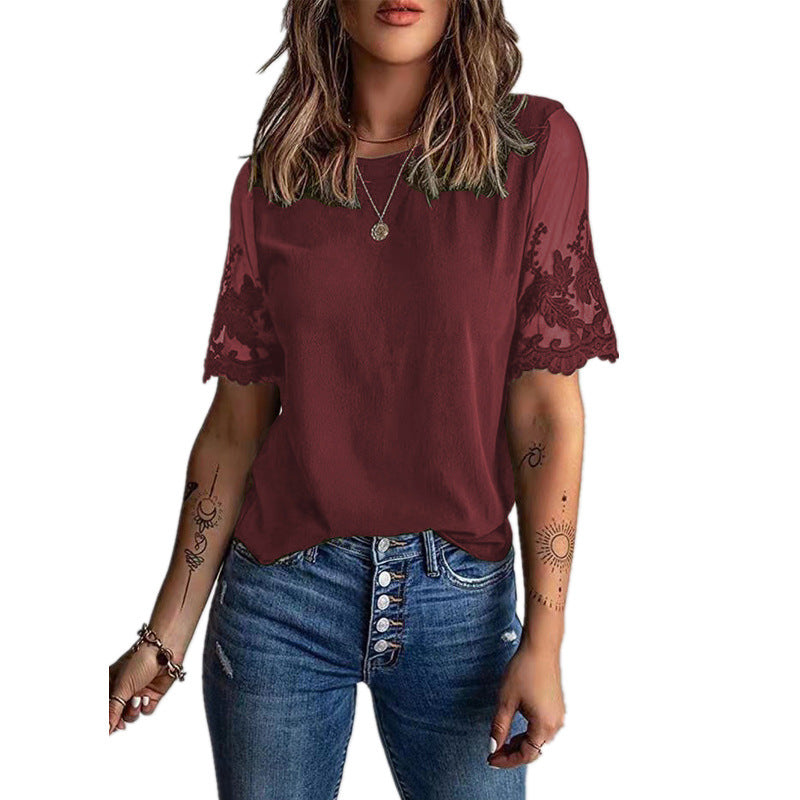 Dames élégant T-shirt avec dentelle aux manches Chic und Stil