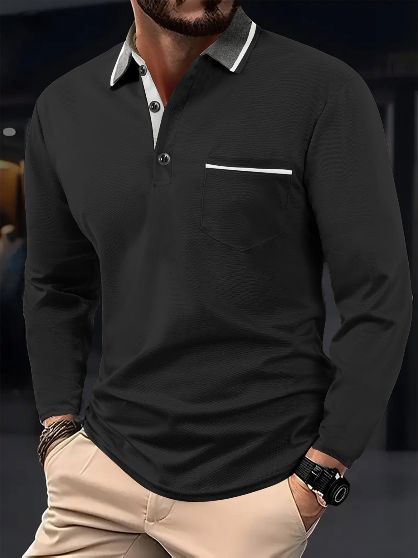 Men's long sleeve polo with textured collar and chest pocket Chic and Style