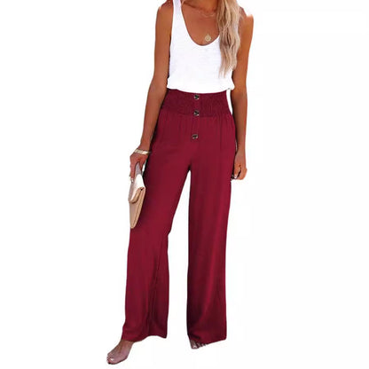 Women's wide-leg linen pants with elastic waistband and button details Chic and Style