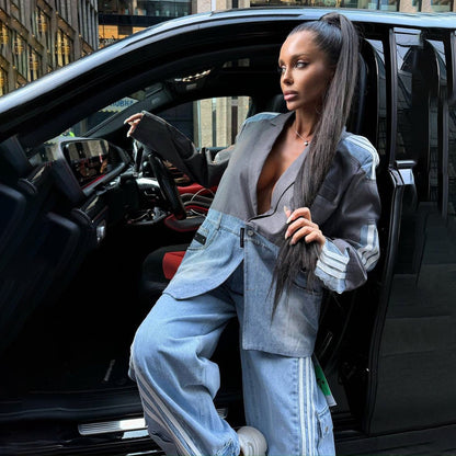 Dames Blazer en denim à la mode avec coupe asymétrique Chic und Stil