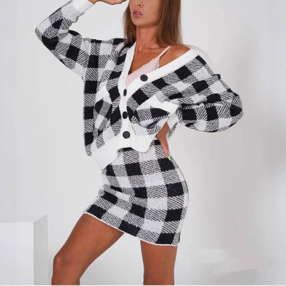 Dames cardigan à carreaux avec jupe assortie Chic und Stil