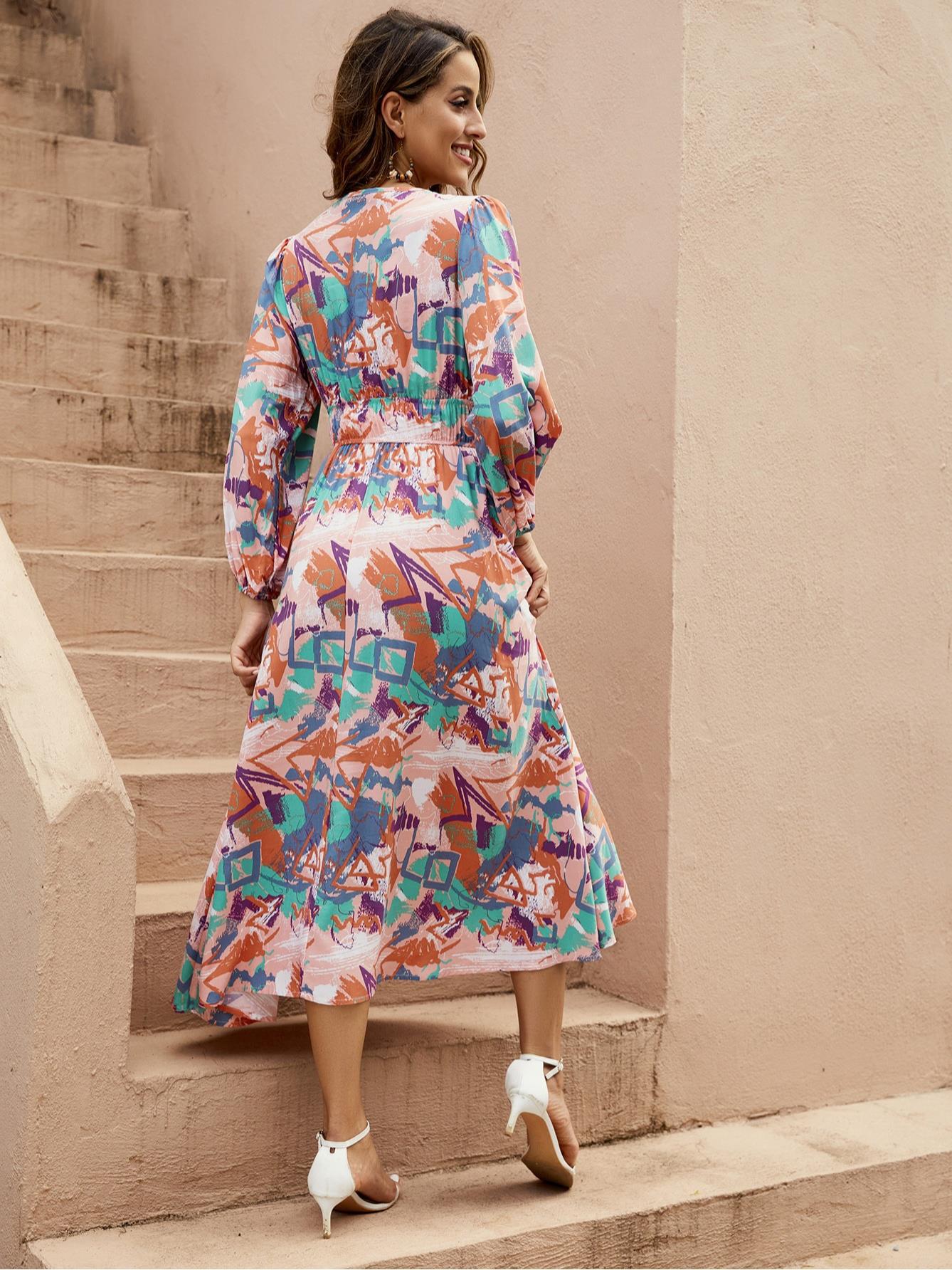 Robe maxi élégante pour dames avec décolleté en V profond et manches volumineuses Chic und Stil