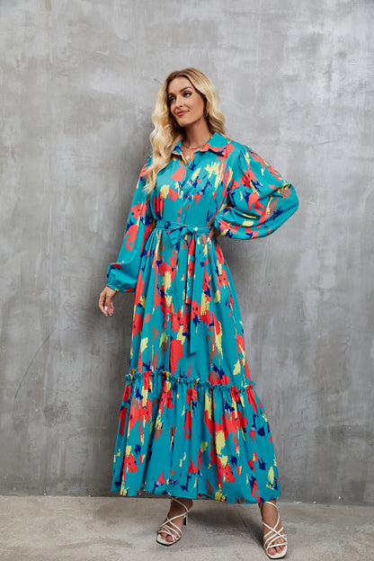 Damen elegantes Maxikleid mit hochgeschlossenem Kragen und farbenfrohem Muster Chic und Stil