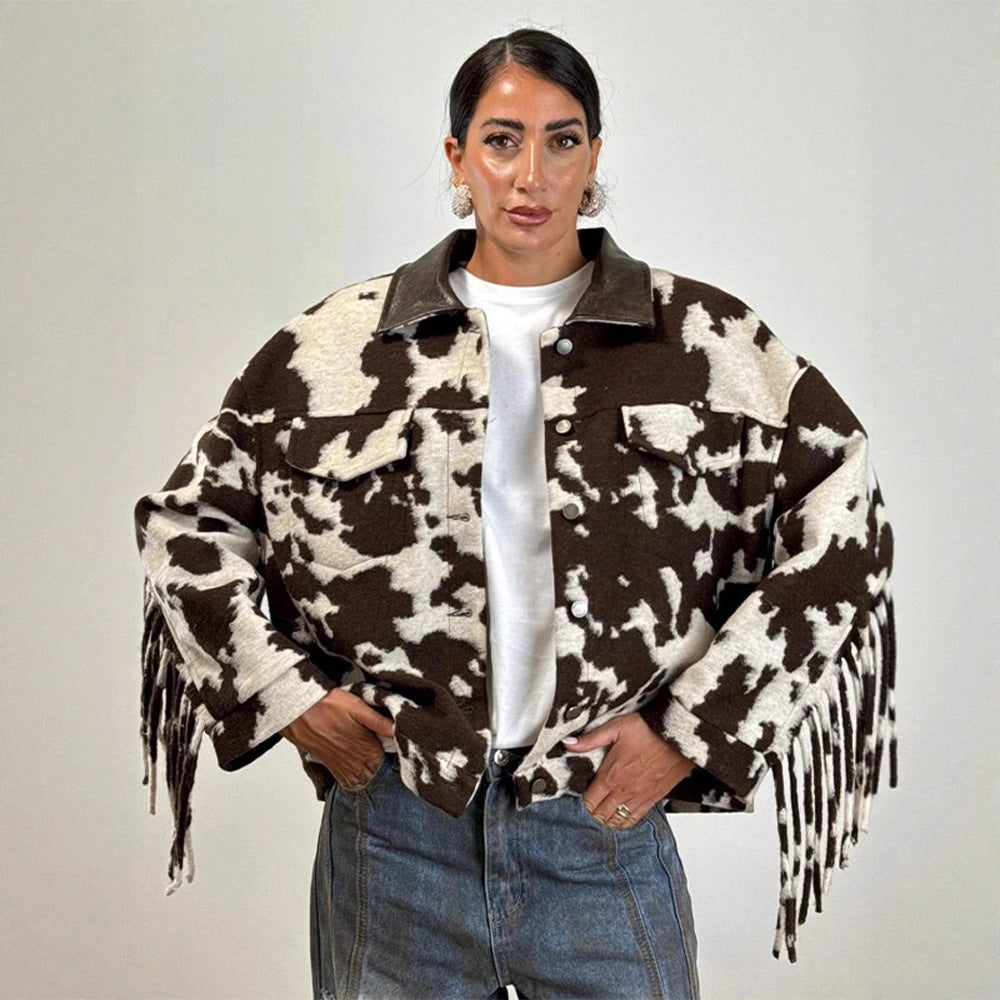 Fringed oversized jacket for women with cow print Chic and Style