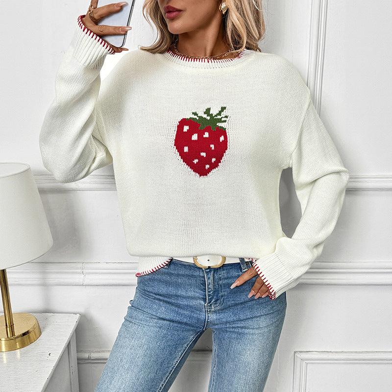 Pull en tricot pour femmes avec motif fruité de fraise et coupe décontractée Chic und Stil