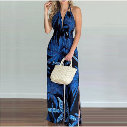 Dames Imprimé Tropical Jumpsuit Haut Fendu Chic und Stil