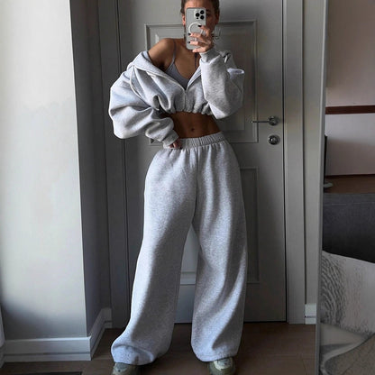 Femme ensemble en polaire décontracté avec pull court et pantalon large Chic und Stil