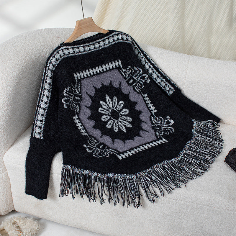 Dames élégant poncho en tricot avec motif artistique et finition à franges Chic und Stil