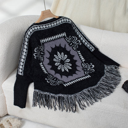 Dames élégant poncho en tricot avec motif artistique et finition à franges Chic und Stil