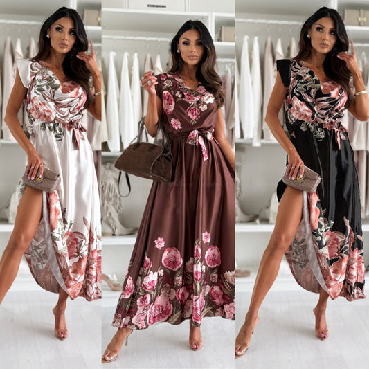 Femmes Haute Fente Fleurs Maxi Robe Chic und Stil