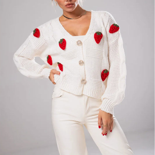 Dames Pull-over fantaisie en tricot avec applications de cerise Chic und Stil