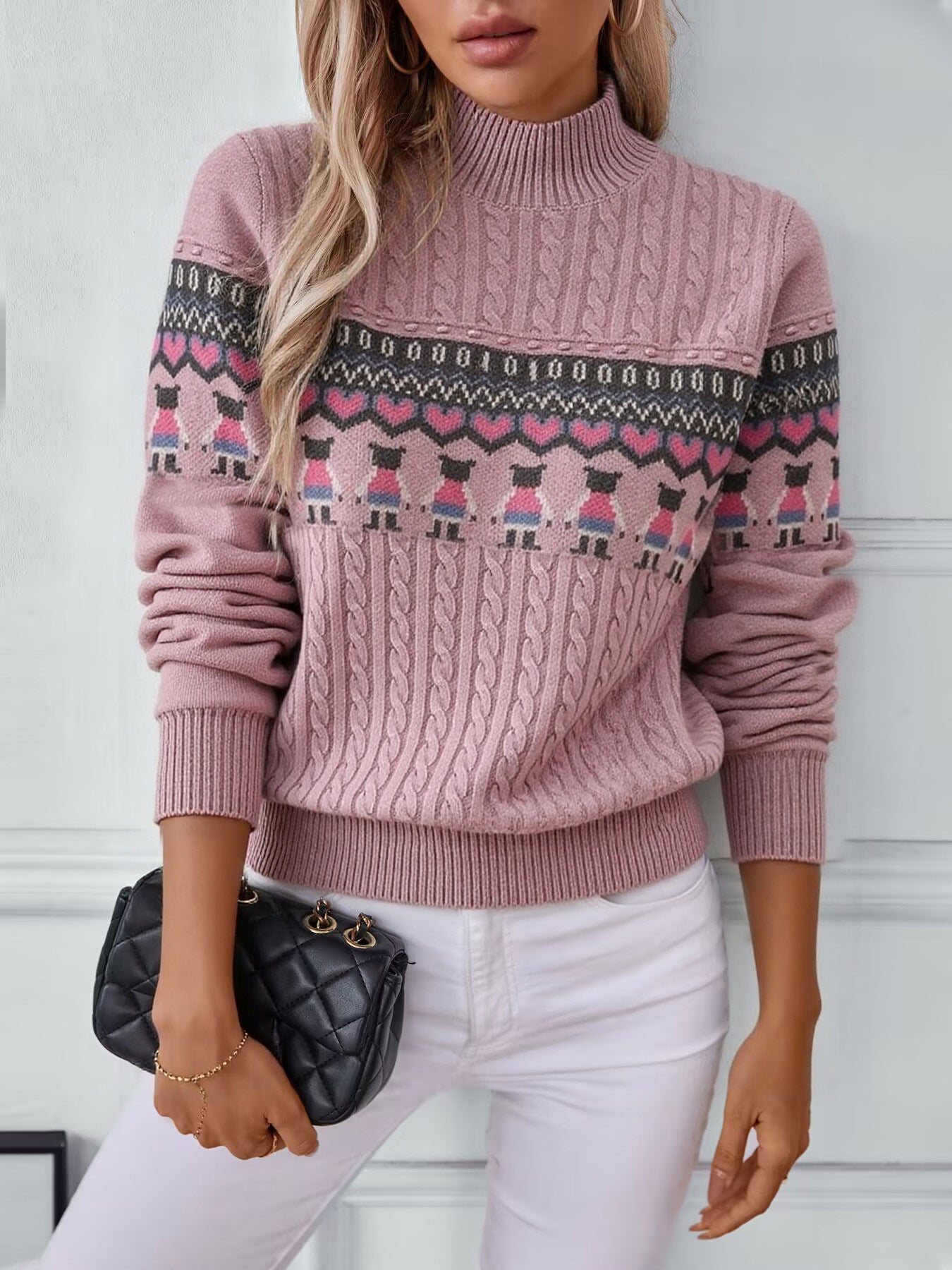 Pull en tricot pour femmes avec motif créatif et col haut Chic und Stil