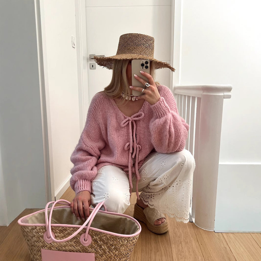 Dames gros tricot veste avec cordon de serrage et coupe décontractée Chic und Stil