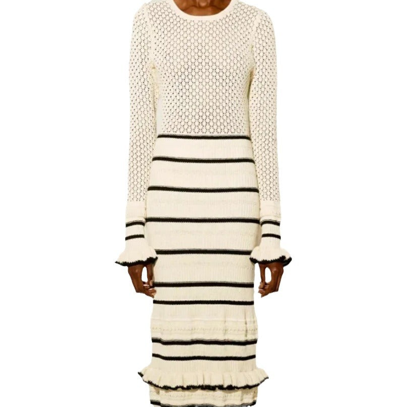 Robe maxi en tricot pour femmes avec un motif en losanges raffiné et une rayure contrastante Chic und Stil