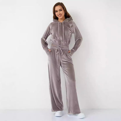 Dames Ensemble de loungewear en velours luxueux avec capuche et taille élastique Chic und Stil