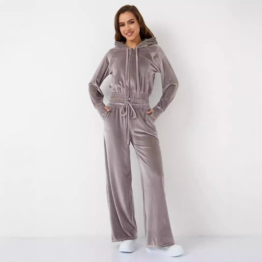 Dames Ensemble de loungewear en velours luxueux avec capuche et taille élastique Chic und Stil
