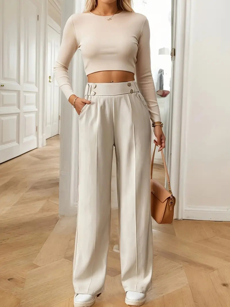 Ladies High-Waisted Wide Leg Pants with Chic and Stylish Button Details