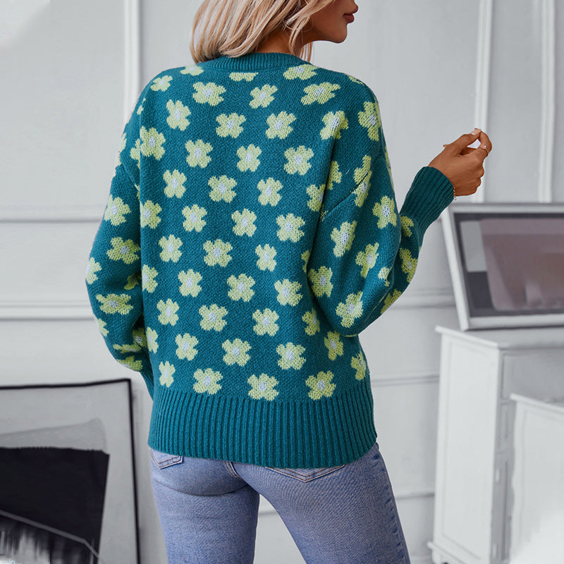 Pull en tricot pour femmes avec motif floral et décolleté en V Chic und Stil