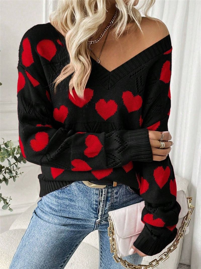Pull femme en peluche avec motif en forme de cœur et décolleté en V Chic und Stil