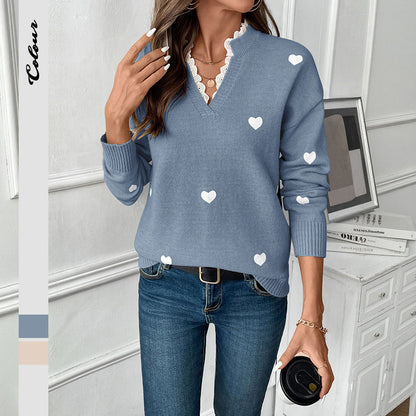 Dame pull en tricot avec motif cœur et décolleté en V Chic und Stil