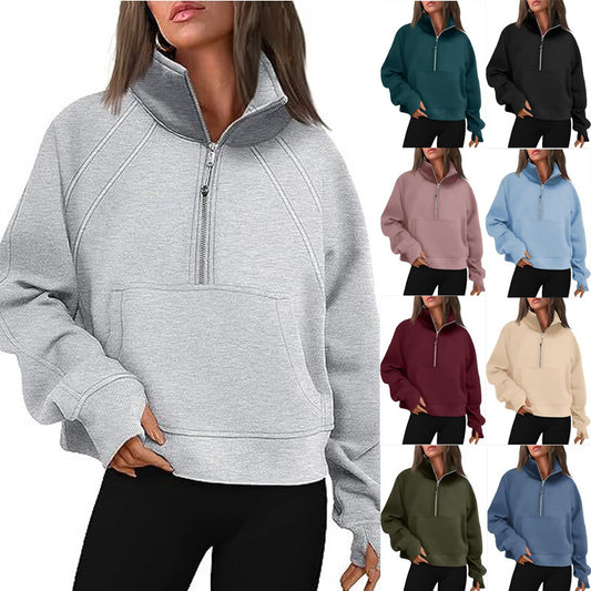 Dames pull-over mi-zip moelleux avec capuche et poche kangourou Chic und Stil