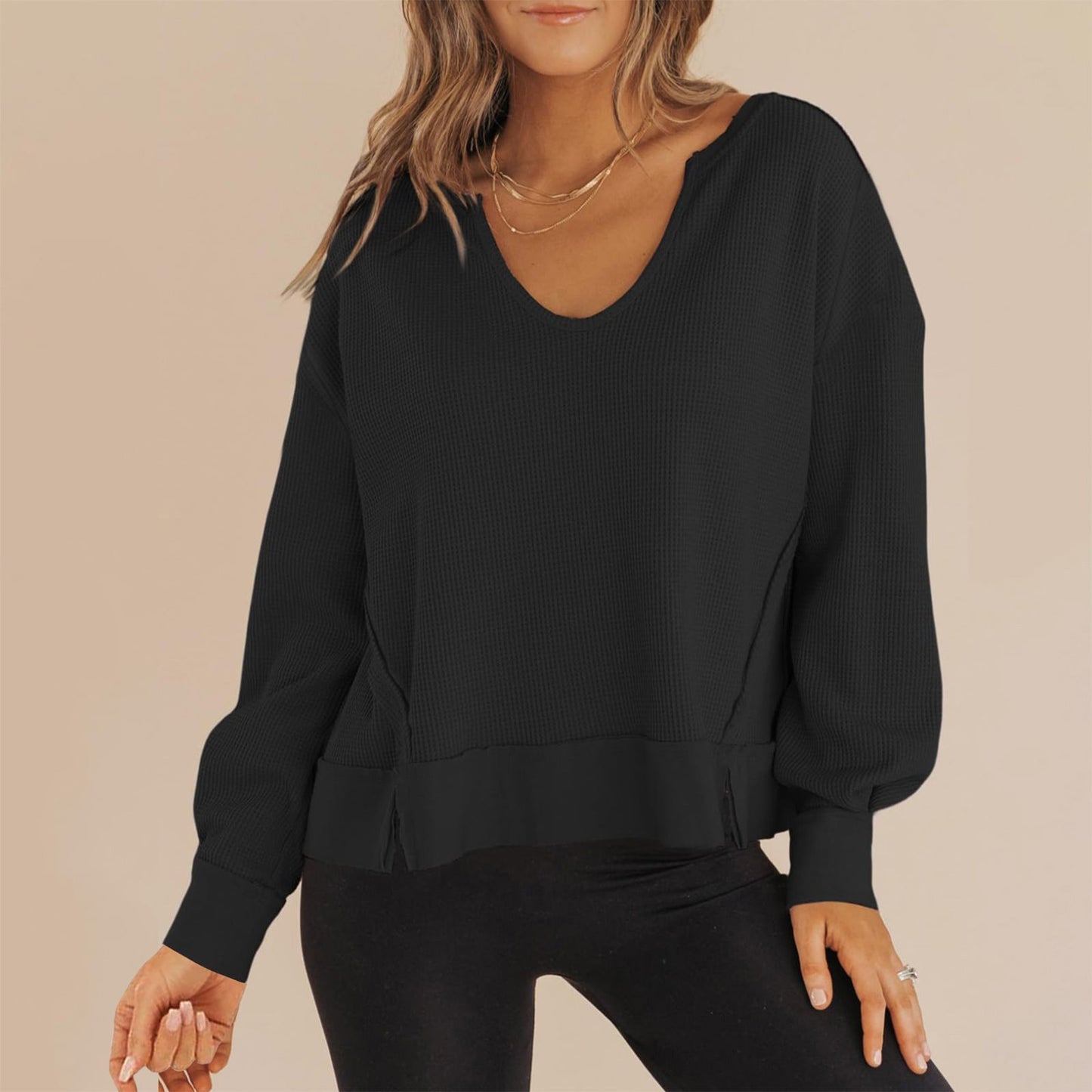 Femme Pull décontracté avec décolleté en V et fentes latérales Chic und Stil