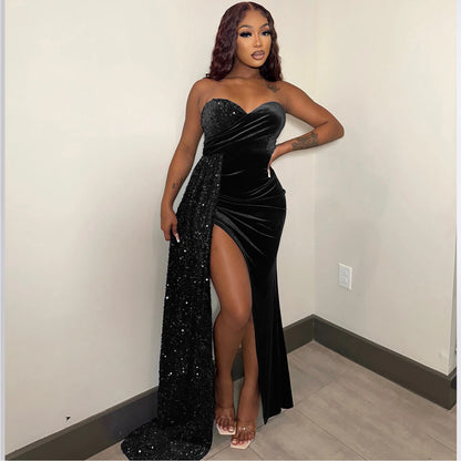 Robes de soirée glamour pour femmes en satin scintillant et fente haute Chic und Stil