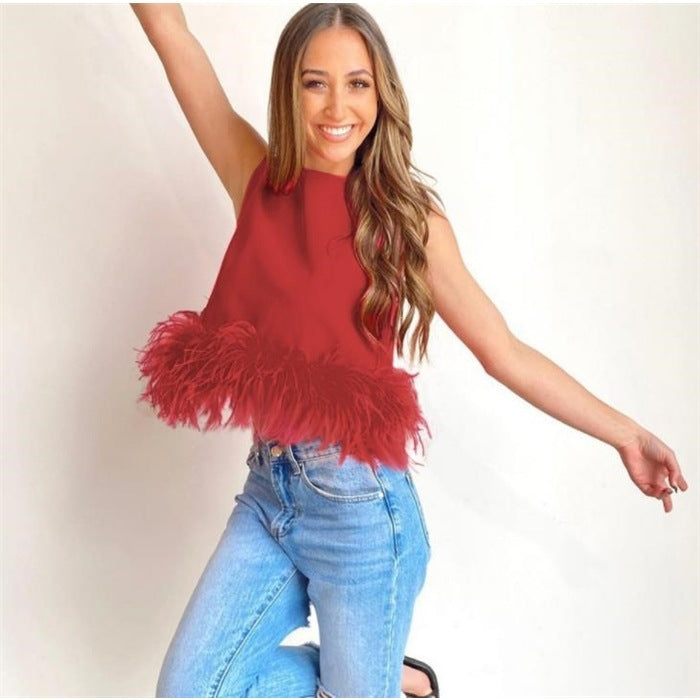 Dames Élégant Haut avec Plumes et Encolure Ronde Chic und Stil