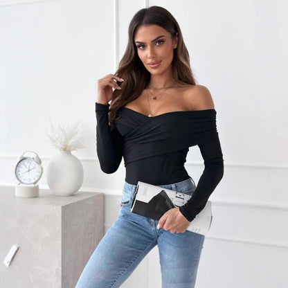 Dames Élégant haut croisé à design épaules nues et manches longues Chic und Stil