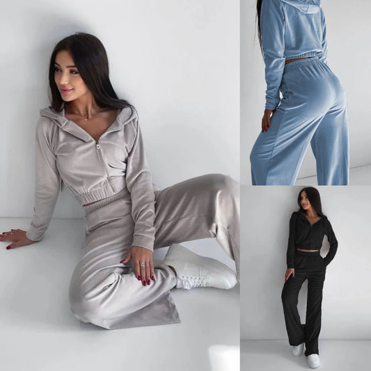 Chic and Style women's trendy cropped velvet hoodie set and loose athletic pants