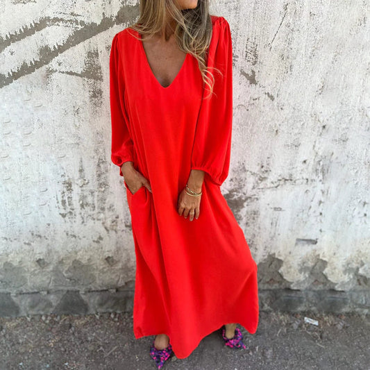 Femmes Robe Midi Élégante avec Décolleté en V et Manches Bouffantes Chic und Stil