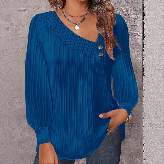 Dames Haut élégant et décontracté avec décolleté asymétrique et détails de boutons Chic und Stil