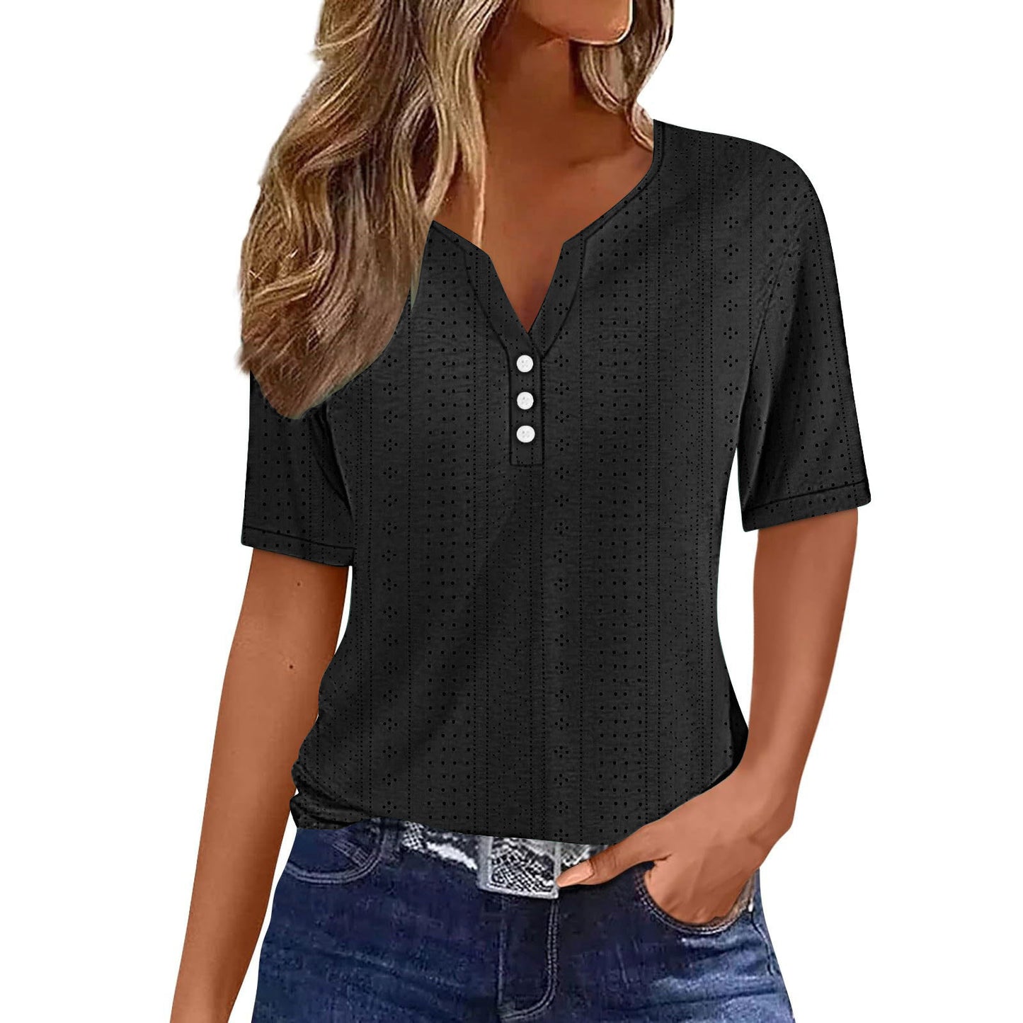 Chemise à manches courtes pour femmes avec détails de boutons et fine structure en mailles plongeantes Chic und Stil